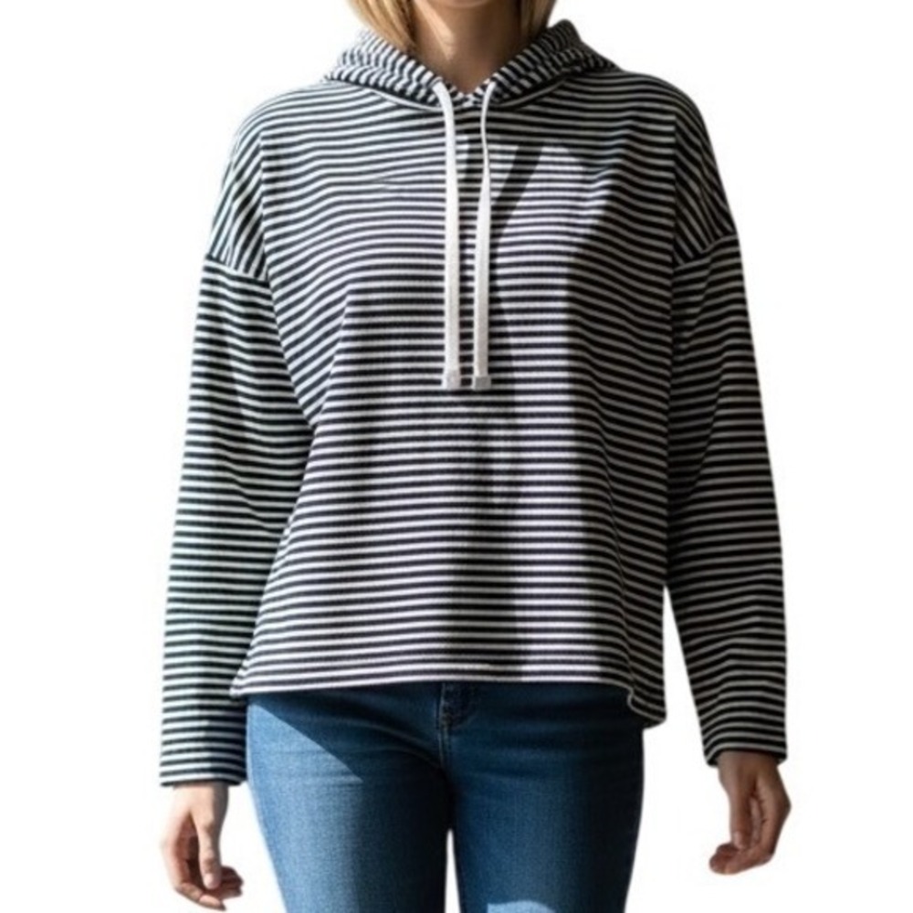 Everlane Hoodie Women Navy White Striped Cropped Relaxed Fit Excellent Med.